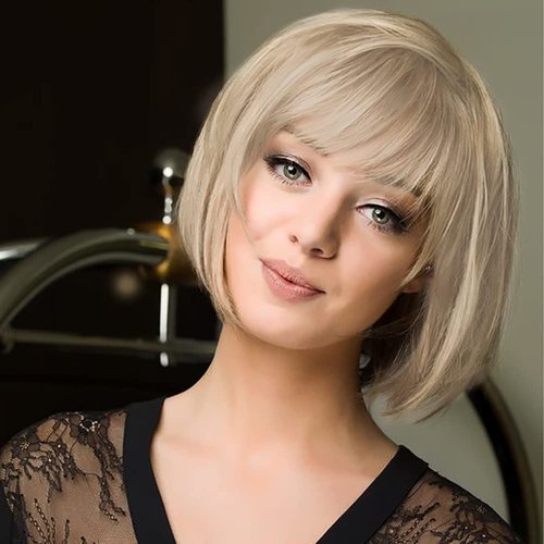 BECUS Short Bob Wig with Bangs Heat Resistant Synthetic Straight Wigs for Women Cute Dark Ash Blonde Blended (10inch, Blonde)