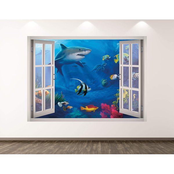 Shark Wall Decal Art Decor 3D Window Aquarium Sticker Mural Kids Room Custom Gift BL55 (70"W x 50"H)