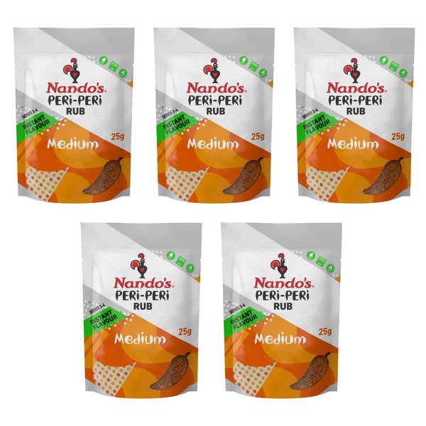 Nando's PERi-PERi Medium Dry Rub - BBQ Seasoning Instant Flavor with a Blend of Garlic, Herbs and Spices with PERi-Peri 25g Bags (5PK)