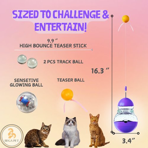 BEGA PET Cat Treat Toy for Indoor Cats - 16.3 '' Cat Interactive & Wand Toy for Bored Adult & Kitten Puzzle Slow Feeder Training Bowl Food Dispenser Track Balls - Christmas & Birthday Gifts (Purple)