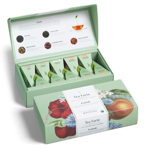 Tea Forte Fleur Organic Tea Assortment, Petite Presentation Box, Sampler Gift Set With Handcrafted Pyramid Infusers, 10 Count (Pack of 1)