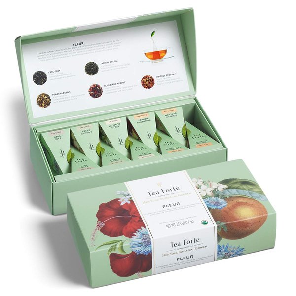 Tea Forte Fleur Organic Tea Assortment, Petite Presentation Box, Sampler Gift Set With Handcrafted Pyramid Infusers, 10 Count (Pack of 1)