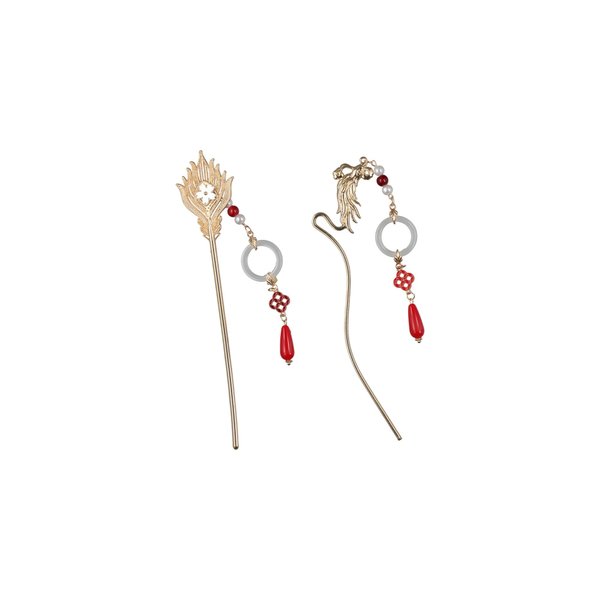 2pcs/Set Chinese Style Hair Sticks,Red Tassel Hair Sticks Vintage Bird Hair Chopsticks Ancient Style Alloy Hairpin Retro Hair Accessories