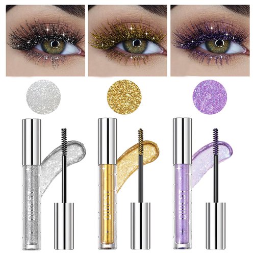 Gireatick 3pcs Glitter Mascara Set for Eyelashes, Sparkling Silver/Gold/Purple Glitter Colored Mascara for Eyelashes, Shiny Diamond Mascara Thickening Lengthening for Very Sparkling Eyes Makeup