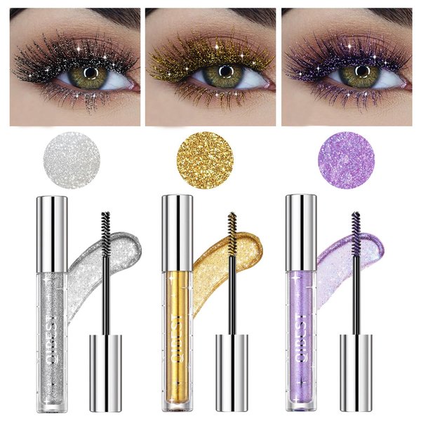 Gireatick 3pcs Glitter Mascara Set for Eyelashes, Sparkling Silver/Gold/Purple Glitter Colored Mascara for Eyelashes, Shiny Diamond Mascara Thickening Lengthening for Very Sparkling Eyes Makeup