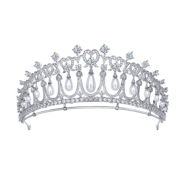Princess Pearl Crowns Cubic Zirconia Queen Tiaras for Bride Headdress Vintage Birthday Prom Pageant Wedding Tiaras and Crowns Silver Crystal Bridal Hair Accessories (Silver 1)
