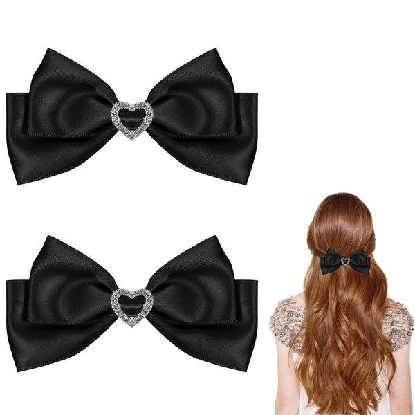 2pcs Black Satin Bow Hair Clips, Christmas Hair Bow Alligator Clips Rhinestone Heart Knot Black Double Layer Bow Hair Barrettes, Christmas New Year Valentines Hair Accessories Gifts for Women Girls