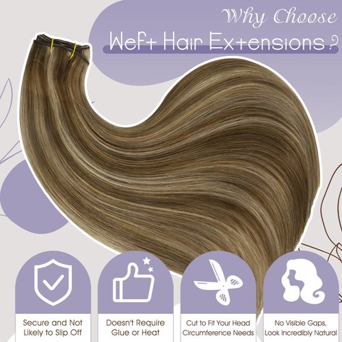 Full Shine 22 Inch Weft Hair Extensions Human Hair Sew In Hair Extensions Remy Straight Hair Sew In Extensions For Women Machine Weft Extensions Color Brown Highlight Blonde Human Hair Bundles 105G