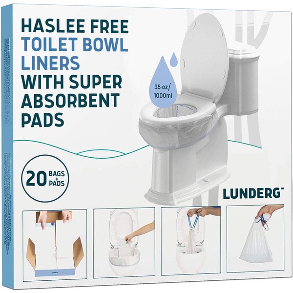 Lunderg Toilet Bowl Liners with Super Absorbent Pads - Value Pack 20 Count Universal Fit - Disposable Toilet Bags to Convert any Home, Boat or Camping Toilet in a Dry Toilet - Make Life so Much Easier