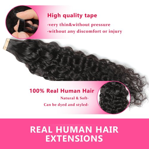 ShowJarlly 40PCS Curly Tape in Hair Extensions Invisible Double Sided Curly Human Hair Tape in Extensions for Black Women Skin Weft Curly Tape in Hair Extensions Real Human Hair(14inch Natural Black)