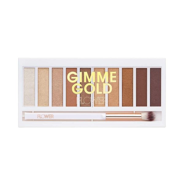 FLOWER BEAUTY Shimmer + Shade Eyeshadow Palette - Neutral Colors + Ten Shades - Mix + Layers Shades - Easily Blendable + Rich Color Payoff - Brush Included (Gimme Gold)