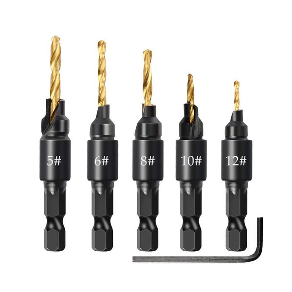 MUXSAM 1/4 inch Hex Shank Countersink Drill Bit Power Tools Accessories for Plastic Metal Woodworking Tool by Power Drill 5Pcs/Set #5#6#8#10#12 (Gold)