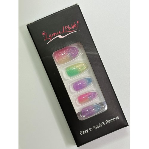 LymwLphbb 24pcs Press on Nails, Long Almond Fake Nails with healthy Glue, easy use for Women with Designs and Recyle, Multicolored Glitter Faux Nails Set, Rainbow Color