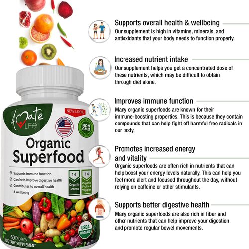 Organic Superfood Greens Fruits and Veggies Complex - Best Dietary Supplement with 14 Greens and 14 Fruits & Vegetables with Alfalfa Rich in Antioxidants Organic Ingredients Non-GMO 60 Tablets