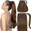 Caliee 14Inch Human Hair Ponytail Extensions Color 4 Medium Brown 70G 100% Remy Human Hair Wrap Around Ponytail Clip in Silky Straight Pony Tails Hair Extensions for Women