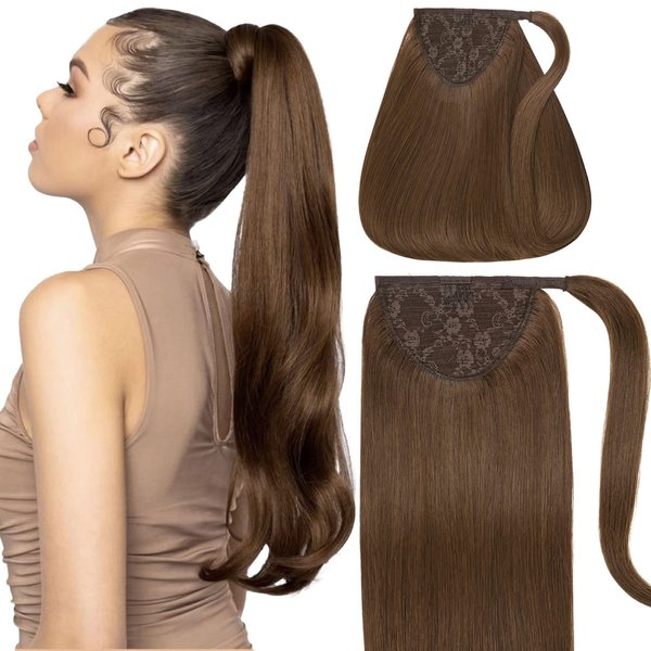 Caliee 14Inch Human Hair Ponytail Extensions Color 4 Medium Brown 70G 100% Remy Human Hair Wrap Around Ponytail Clip in Silky Straight Pony Tails Hair Extensions for Women
