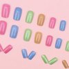 Short Square Press On Nails Multicolour Gel Fake Nails, Colorful Glue Stick On Nail Tip with Jelly Glue, Reusable Natural Fit Gel Glossy Acrylic Manicure False Nails Kit 24Pcs
