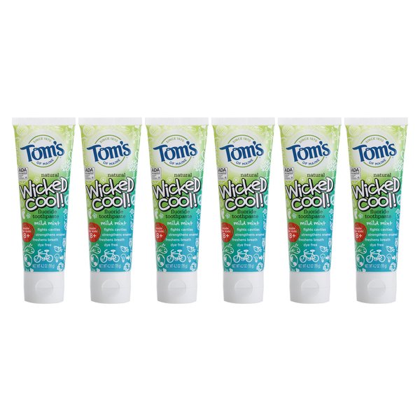 Tom's of Maine Natural Wicked Cool Fluoride Toothpaste, Mild Mint, 4.2 Ounce (Pack of 6)