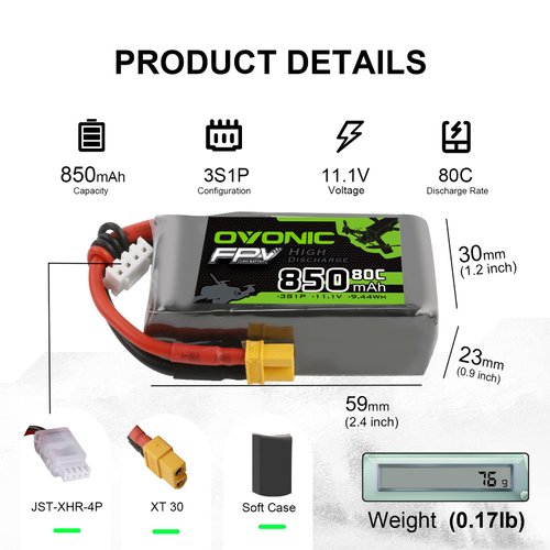 OVONIC 3S Lipo Battery 80C 850mAh 11.1V Lipo Battery with XT30 Connector for RC FPV Racing Drone RC Airplane Helicopter Quadcopter