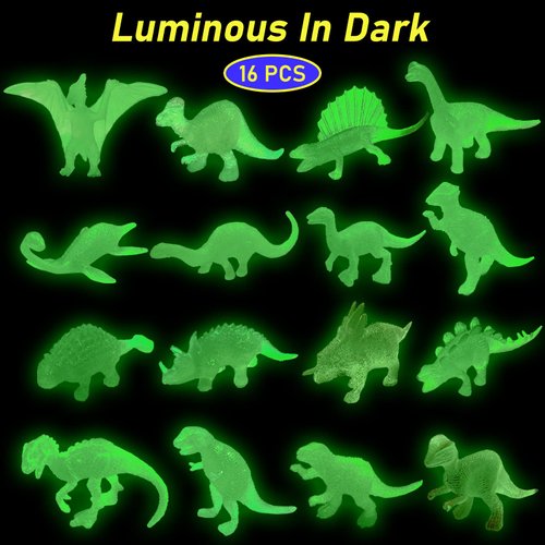 HAPTIME 16 Pcs Mini Dinosaur Figures, Small Luminous Dinosaur Toy, Glow in The Dark Dinosaur Party Favors Cake Toppers, Plastic Dino Toys for Kids Easter Basket Suffers Treasure Goody Bag
