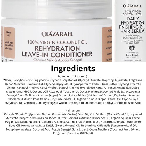 OLAZARAH Hydrating Coconut Oil Daily Leave-in Conditioner & Hair Serum Combo - Nourish, Strengthen, and Protect Your Hair with Organic Ingredients – 13 Fl. oz