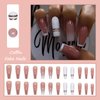 MISUD Long Coffin Press on Nails Ballerina Fake Nails Glossy Glue on Nails White French Tip Acrylic Nails Pink Gradient False Nails with Design 24 pcs