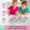Bright Stripes Kids Tea Set - Pretend Play Tin Tea Set for Girls & Boys | Includes Tea Pot, Cups, Saucers, Plates, Tray, Invitations & Place-Cards for Imaginative Play