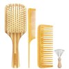 Bamboo Hair Brush Comb Set for Women, Wooden Paddle Detangling Brush for Thick Thin Curly Straight Wavy Fine Hair, Wide Tooth & Tail Comb Great for Wet or Dry Use, Hairbrush Cleaning Tool Included