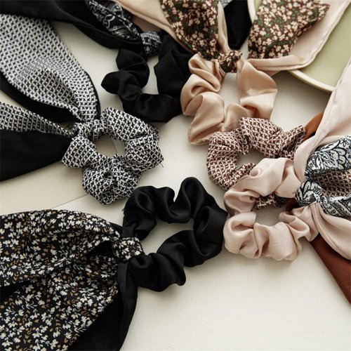 Bandana Hair Scrunchies with Ribbon Bow Scarf Scrunchies for Women, Elegant Floral Hair Ties Plaid Scarf Scrunchies (6 PCS Double Layer)