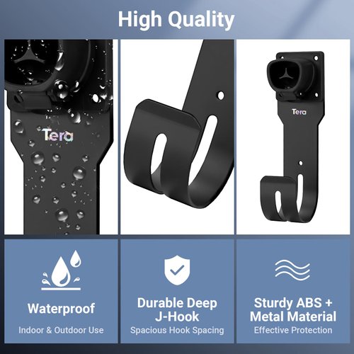 Tera EV Charger Cable Holder for Tesla: Waterproof Material Electric Car Wall Mount Connector Holder with J-Hook Charging Cable Holder Organizer Electric Vehicle Charging Station Accessories