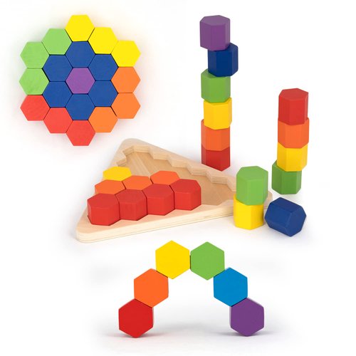 Hexablox 21pcs - Wooden Stacking Blocks - Montessori Wooden Toddler Toys for 1+ Year Old Boys Girls - Multi Use Stacking Toy, Toddler Puzzles , Color Sorting Toys for Toddlers 1-3, Building Blocks