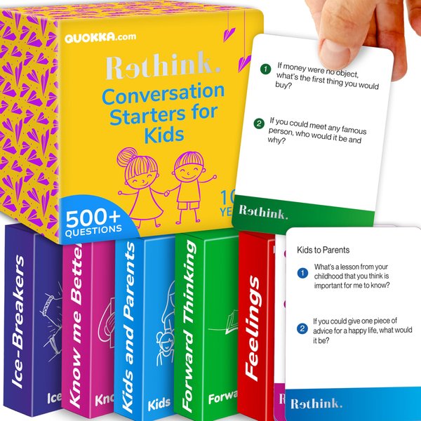 QUOKKA Conversation Cards Game - Kids Edition | 500 Questions | Premium Version | Share Thoughts - Fun Talking Board Game for Family Night