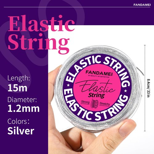 FANDAMEI 1.2mm Elastic String, Metallic Silver Stretch Cord for Craft Gift Jewelry Making, Elastic Cords Ribbon for Hair Braids, Elastic String for Bracelets, Beading Cord Stretchy Christmas Craft DIY