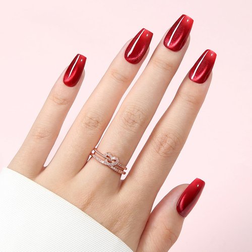 CHRISTINE SHELLY Press On Nails Reusable Handmade CatEye Sparkle Manicure Glitter Effect Custom Nail Medium Coffin Red 10Pics With Professional Nail Kit (M)