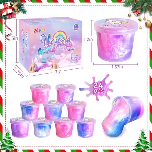 24 Pack Unicorn Slime Party Favors for Kids Slime Cup Bulk DIY Stress Relief Putty Toy Stretchy & Non-Sticky Christmas Easter Birthday Goodie Bag Stuffer Classroom Reward for Girls Boys