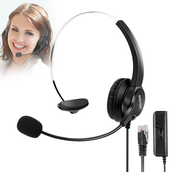 AGPTEK® Hands-free Call Center Noise Cancelling Corded Monaural Headset Headphone for Desk Telephone with 4-Pin RJ9 Crystal Head