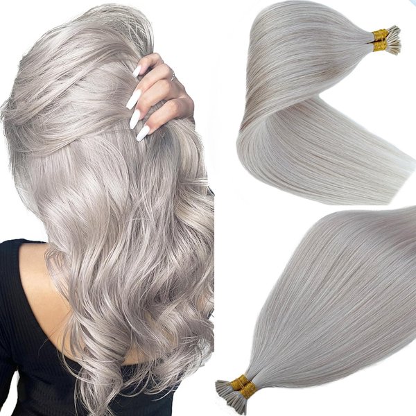 Smartinnov Silver I Tip Human Hair Extensions Pre Bonded Stick Tip Real Human Hair Piece Keratin I Tip Fusion Extensions Silky Straight 100Strands 12Inch Microlink Silver Real Remy Hair Hair Extension
