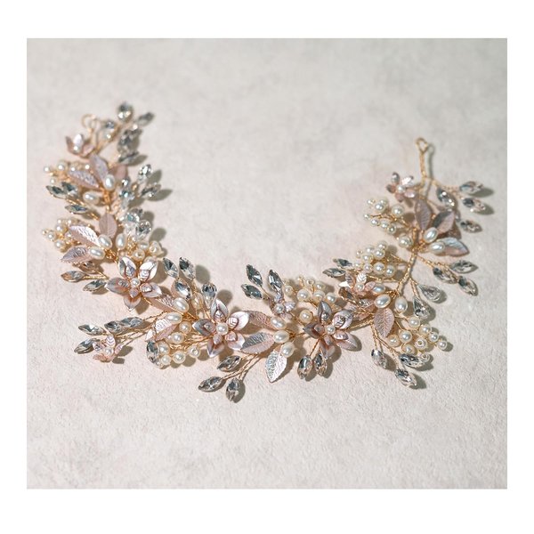 LEMOXIVI Gold Wedding Headband Flower-Leaf Bridal Headpieces for Wedding Pearl Bride Hair Accessories for Flower Girl Bridesmaid