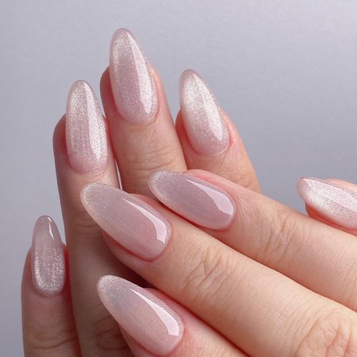 Cat Eye Press on Nails Light Pink Almond Fake Nails Glitter Chrome Nails Press on False Nails with Glue Dreamy Shimmery Sparkle Stick on Nails Medium Length Holographic Velvet Acrylic Nails for Women