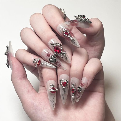 IFMOPETY Goth Nails Press on，Long Spiked Almond Fake Nails - Handmade Red Gem Design for Reusable Fake Nails，12 Sizes - 24 Nail Kit(Gothic)