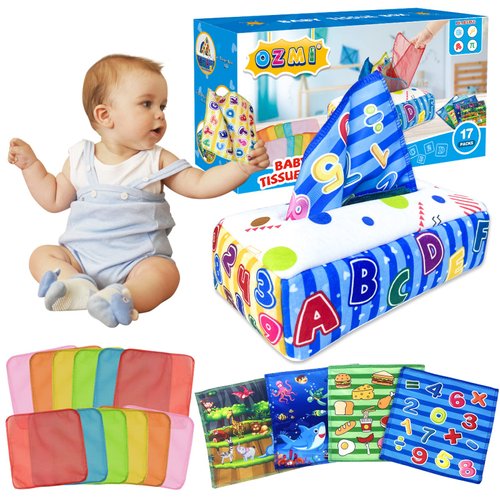 OZMI Baby Tissue Box Toy, Montessori Musical Toys for 3 6 9 12 18 Months Babies, Newborn Sensory Colorful Juggling Rainbow Dance Scarves Toys, Christmas Birthday Gift for Infant Toddlers (16 PCS)