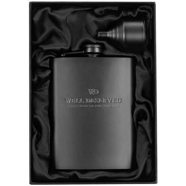 Matte Black Flask 8 oz + Black Funnel + Black Canvas Pouch. Gift Set, Classy Packaging. Engraved Well-Deserved. Stainless Steel Hip Flask For Liquor For Men