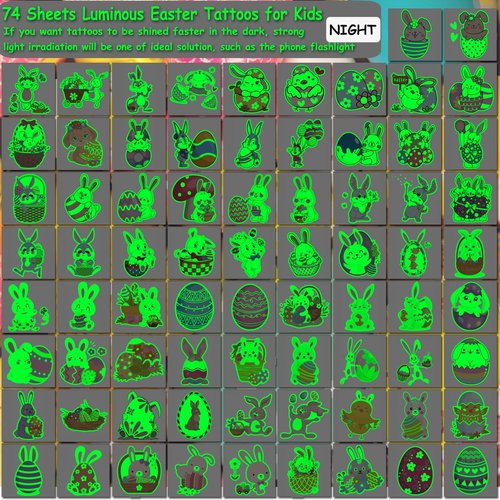 CHARLENT Glow in The Dark Easter Temporary Tattoos for Kids - 74 Individually Sheets Luminous Easter Egg Bunny Tattoos for Boys Girls Party Favors Goodie Bag Fillers