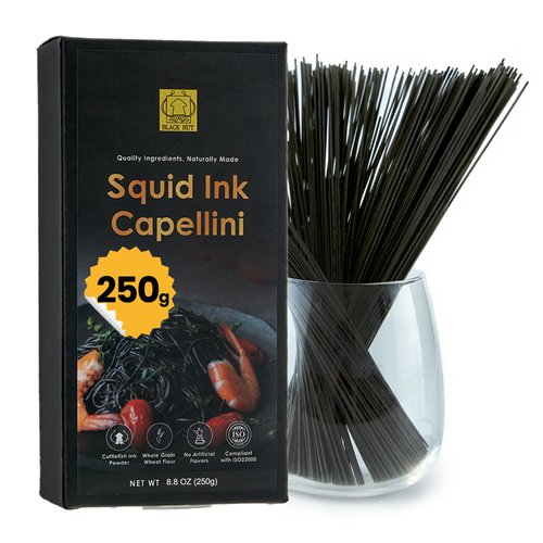 Black Hut Squid Ink Pasta - 8.8oz/ 250g, Skinny Capellini, Natural Ingredients, Spaghetti for Halloween Food, Angel Hair Pasta for Seafood Pasta, Aglio e Olio, Contains Molluscs, Wheat