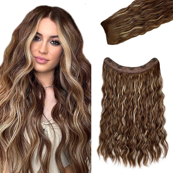 Belaved Ombre Curly Clip in Hair Extensions,22 Inch Brown Highlighted With Blonde Hair Extensions,One Piece Remy Synthetic Hair for Women,Double Weft Long Wavy Clip ins 160G