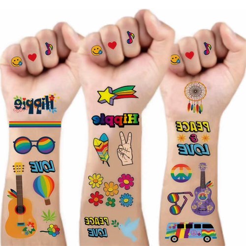 100PCS Groovy 70s Temporary Tattoos-10 Sheets Hippie Tattoo Stickers for Fan Birthday Party Decorations Hand Tattoo Party Favor Party Supplies Gift for Kids Boy Girl Adult Pretty Christmas Gift