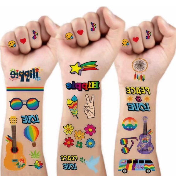 100PCS Groovy 70s Temporary Tattoos-10 Sheets Hippie Tattoo Stickers for Fan Birthday Party Decorations Hand Tattoo Party Favor Party Supplies Gift for Kids Boy Girl Adult Pretty Christmas Gift