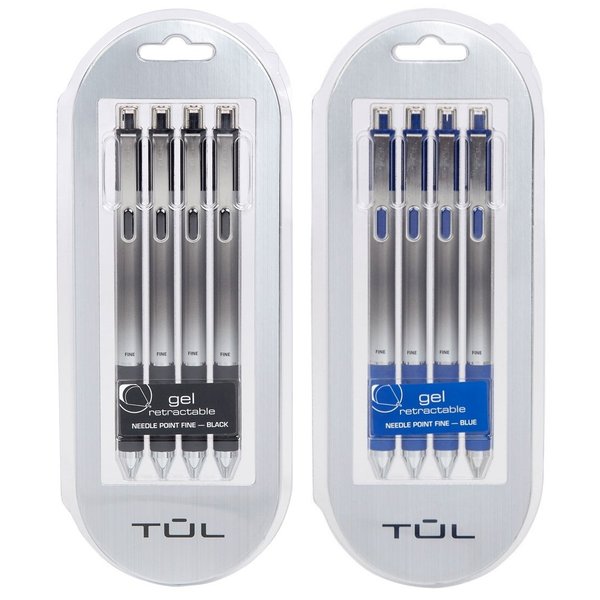 TUL Retractable Gel Pens 0.5mm Needle Point Fine, Black/Blue Bundle (2 4-packs)