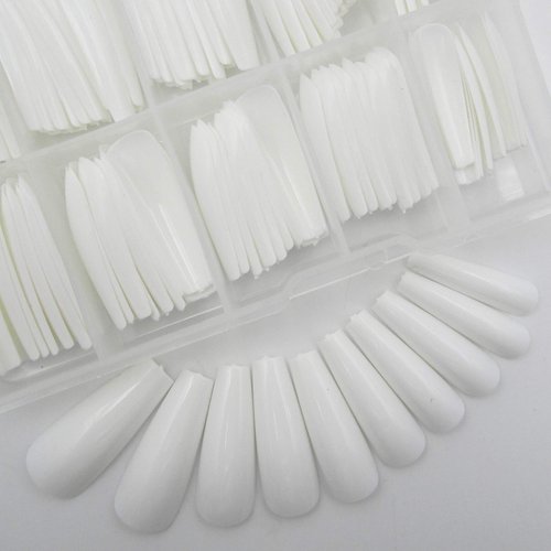Colored Coffin Press on Nails Long Ballerina False Fake Nail Tips Full Cover Manicure Design Acrylic Nails 100pc for Women Teen Girls (White)