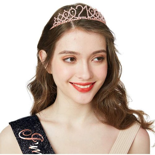 "I'm 21 Bitches!" Sash & Rhinestone Tiara Set - 21st Birthday Gifts Birthday Sash for Women Birthday Party Supplies (Black Glitter/Rose Gold)